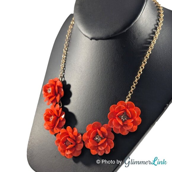 Red Orange Flower Cluster Statement Floral Bib Gold Tone Necklace - Picture 3 of 9